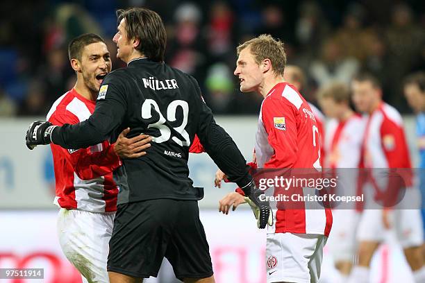 Malik Fahti, Heinz Mueller and Bo Svensson of Mainz celebrates the 1:0 victory after the Bundesliga match between 1899 Hoffenheim and FSV Mainz at...