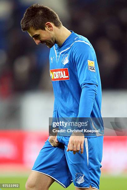 Vedad Ibisevic of Hoffenheim looks dejected after losing 0-1 the Bundesliga match between 1899 Hoffenheim and FSV Mainz at Rhein-Neckar Arena on...