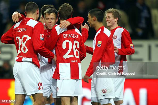 Adam Szalai, Radoslav Zabavnik and Niko Bungert of Mainz celebrates the 1:0 victory after the Bundesliga match between 1899 Hoffenheim and FSV Mainz...