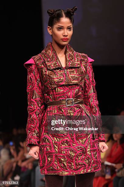 Model walks the runway in an Anand Bhushan design at the Lakme India Fashion Week Day 3 held at Grand Hyatt Hotel on March 7, 2010 in Mumbai, India.