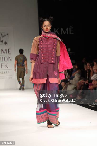 Model walks the runway in a Neelanjan Ghosh design at the Lakme India Fashion Week Day 3 held at Grand Hyatt Hotel on March 7, 2010 in Mumbai, India.