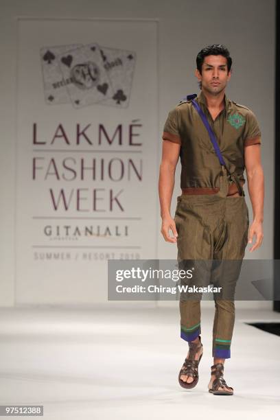 Model walks the runway in a Neelanjan Ghosh design at the Lakme India Fashion Week Day 3 held at Grand Hyatt Hotel on March 7, 2010 in Mumbai, India.
