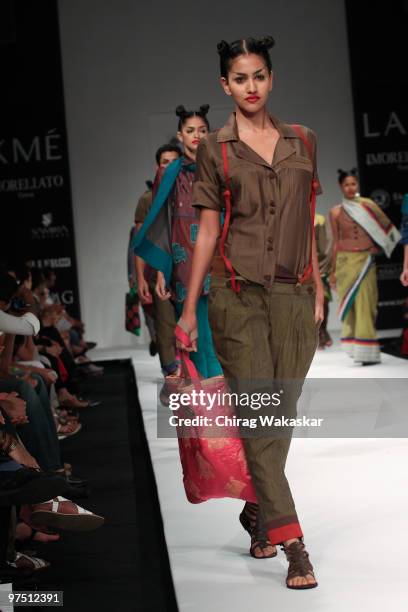 Models walk the runway in a Neelanjan Ghosh design at the Lakme India Fashion Week Day 3 held at Grand Hyatt Hotel on March 7, 2010 in Mumbai, India.