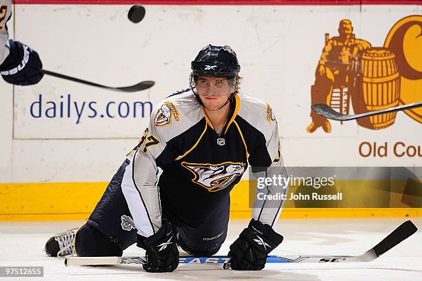 Denis Grebeshkov of the Nashville Predators warms up prior to a game against the Vancouver Canucks on March 7, 2010 at the Bridgestone Arena in...