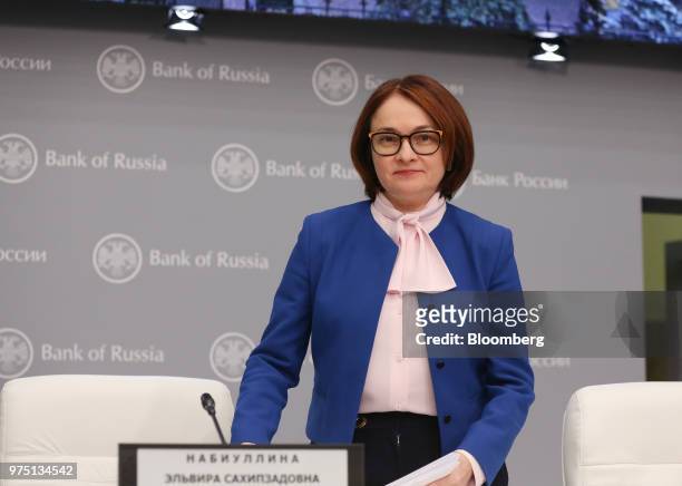 Elvira Nabiullina, governor of Russia's central bank, arrives for a news conference following an interest rate announcement in Moscow, Russia, on...