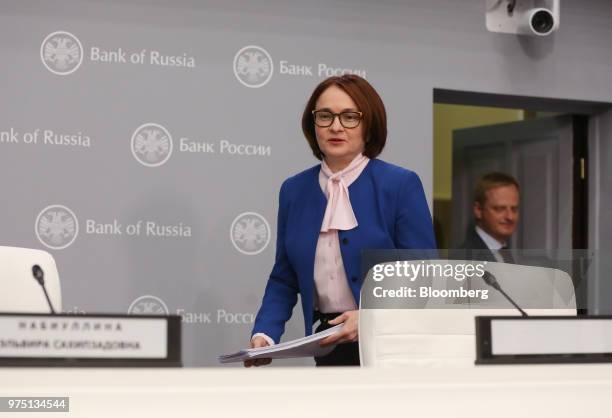 Elvira Nabiullina, governor of Russia's central bank, arrives for a news conference following an interest rate announcement in Moscow, Russia, on...