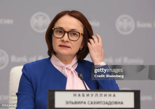 Elvira Nabiullina, governor of Russia's central bank, speaks during a news conference following an interest rate announcement in Moscow, Russia, on...