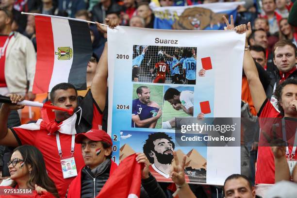 Egypt fans display a banner during the 2018 FIFA World Cup Russia group A match between Egypt and Uruguay at Ekaterinburg Arena on June 15, 2018 in...