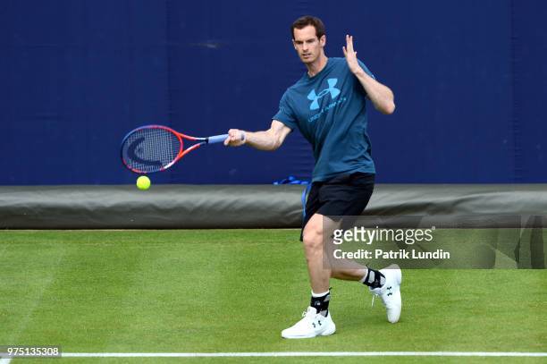 Andy Murray of Great Britain hits a forehand in practice during preview Day 3 of the Fever-Tree Championships at Queens Club on June 15, 2018 in...