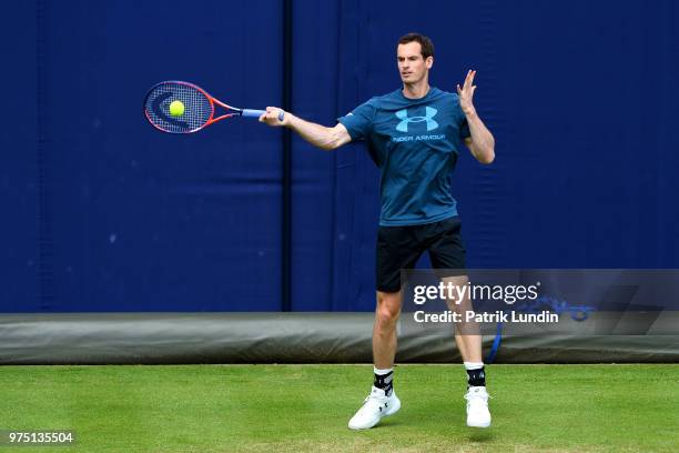 Andy Murray of Great Britain hits a forehand in practice during preview Day 3 of the Fever-Tree Championships at Queens Club on June 15, 2018 in...