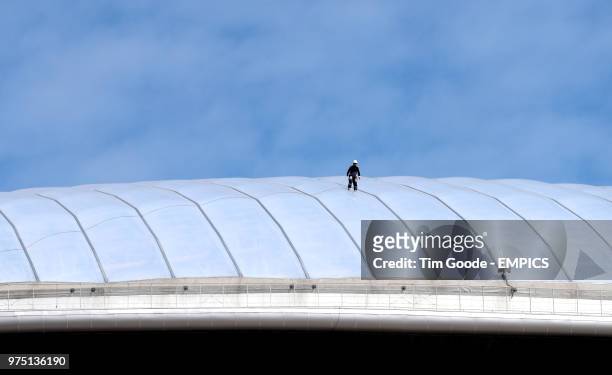 General view of a rooftop worker on top of the Krestovsky Stadium before the match begins Morocco v Iran - FIFA World Cup 2018 - Group B - Krestovsky...