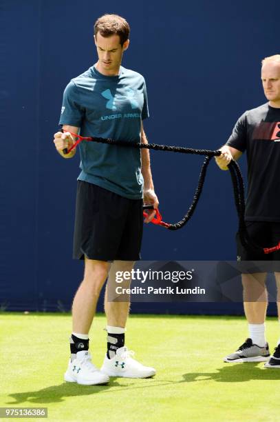 Andy Murray of Great Britain warming up during preview Day 3 of the Fever-Tree Championships at Queens Club on June 15, 2018 in London, United...