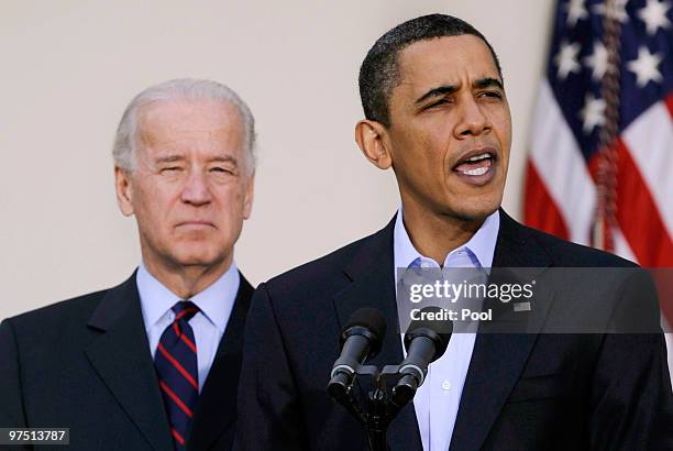 President Barack Obama makes a statement regarding the Iraqi parliamentary elections, as Vice President Joe Biden listens, in the Rose Garden of the...