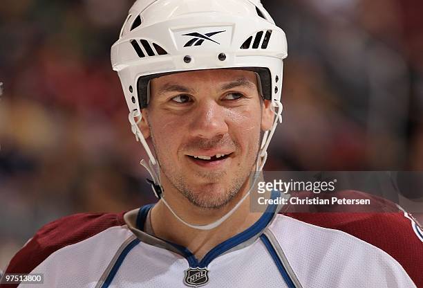 Scott Hannan of the Colorado Avalanche during the NHL game against the Phoenix Coyotes at Jobing.com Arena on March 4, 2010 in Glendale, Arizona. The...