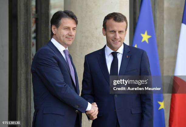 French President Emmanuel Macron receives Italian Prime Minister Giuseppe Conte for a meeting at Elysee Palace on June 15, 2018 in Paris France....