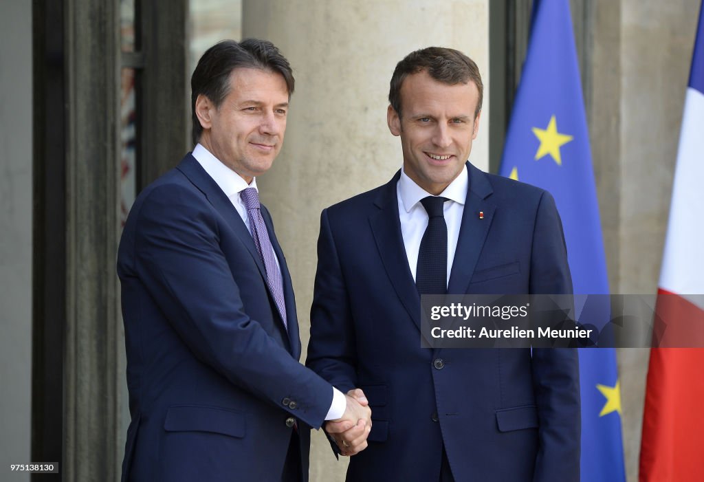 French President Emmanuel Macron Receives Giuseppe Conte, Italy's Prime Minister At Elysee Palace