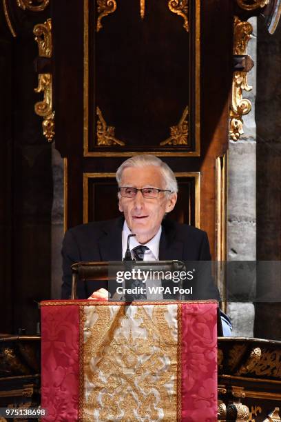 Astronomer Royal Martin Rees speaks at Professor Stephen Hawking's memorial service at Westminster Abbey on June 15, 2018 in London, England. The...