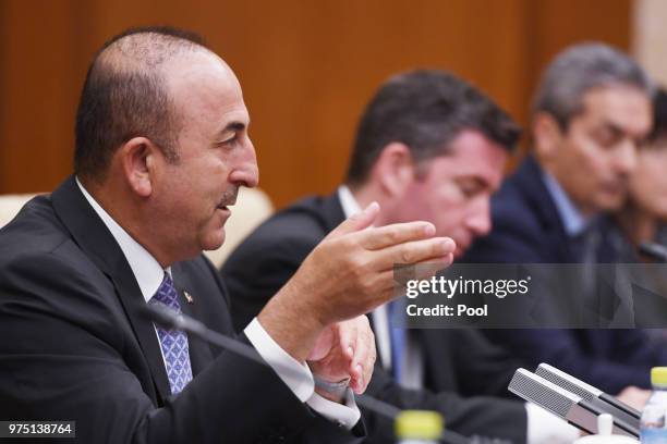 Turkish Foreign Minister Mevlut Cavusoglu speaks during a meeting with Chinese Foreign Minister Wang Yi on June 15, 2018 in Beijing, China.