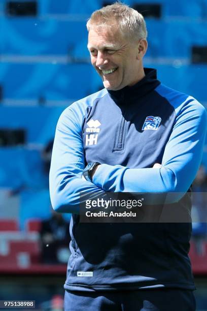 Head coach Heimir Hallgrimsson is seen during the Iceland national football team training session at the Spartak Stadium ahead of the 2018 FIFA World...