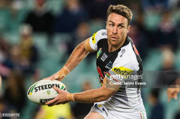 James Maloney of the Panthers runs with the ball during the round 15 NRL match between the Sydney Roosters and the Penrith Panthers at Allianz...