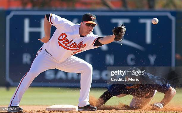 Catcher Mark Wagner of the Boston Red Sox beats the throw to second as infielder Blake Davis of the Baltimore Orioles takes the throw during a...