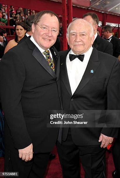 Producer John Lasseter and actor Ed Asner arrive at the 82nd Annual Academy Awards held at Kodak Theatre on March 7, 2010 in Hollywood, California.