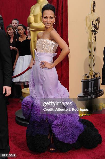 Actress Zoe Saldana arrives at the 82nd Annual Academy Awards held at Kodak Theatre on March 7, 2010 in Hollywood, California.