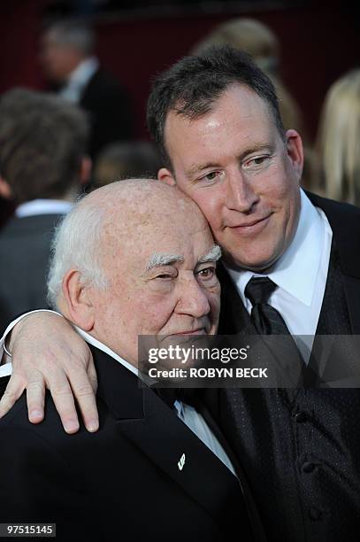 Actor Ed Asner arrives with his son Matthew Asner for the 82nd Academy Awards at the Kodak Theater in Hollywood, California on March 07, 2010. AFP...