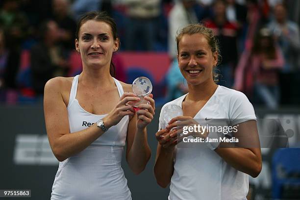 Iveta Benesova and Barbora Zahlavova of Czech Republic pose with the prize for the Women's Final Double Match as part of the Monterrey Open Tennis...