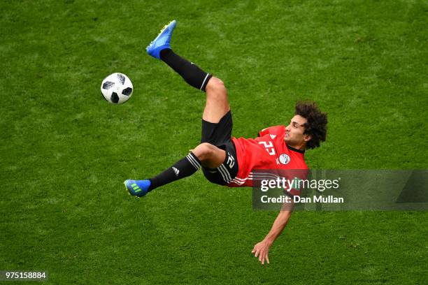 Amr Warda of Egypt attempts an overhead kick during the 2018 FIFA World Cup Russia group A match between Egypt and Uruguay at Ekaterinburg Arena on...