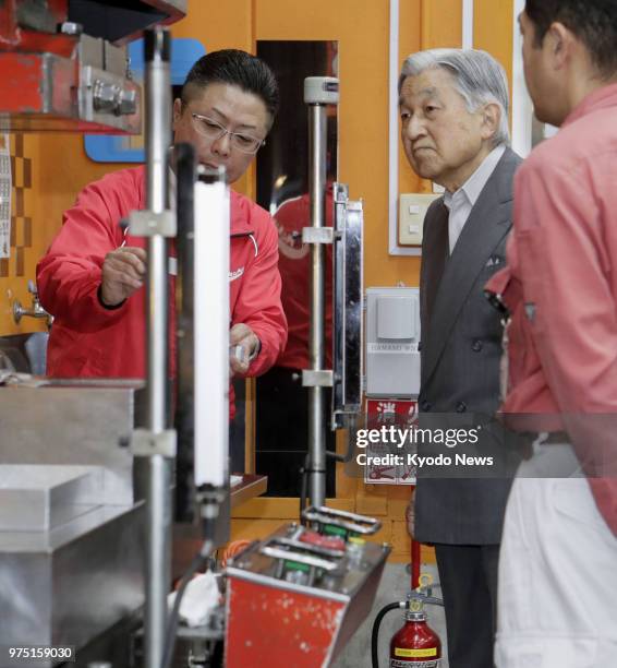 Japanese Emperor Akihito visits Hamano Products Co., a metal processing firm in Tokyo's Sumida Ward, on June 15, 2018. ==Kyodo
