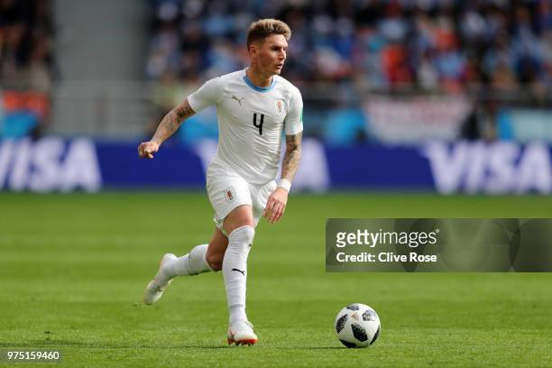 Guillermo Varela of Uruguay runs with the ball during the 2018 FIFA World Cup Russia group A match between Egypt and Uruguay at Ekaterinburg Arena on...