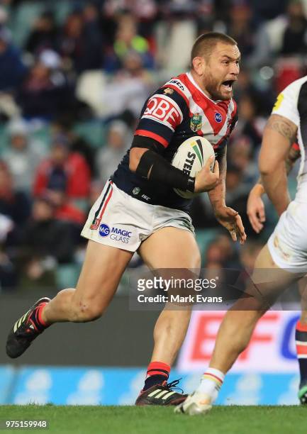 Jared Waerea-Hargreaves of the Roosters runs the ball during the round 15 NRL match between the Sydney Roosters and the Penrith Panthers at Allianz...