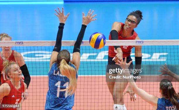 Of USA in action against JULIETA CONSTANZA LAZCANO of Argentina during FIVB Volleyball Nations League match between Argentina and USA at the stadium...