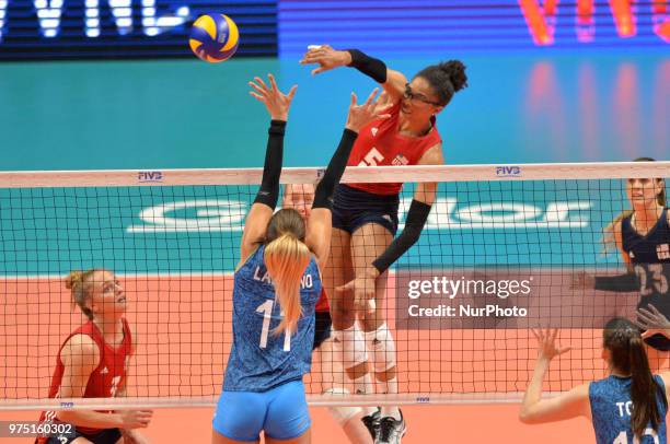 Of USA in action against JULIETA CONSTANZA LAZCANO of Argentina during FIVB Volleyball Nations League match between Argentina and USA at the stadium...