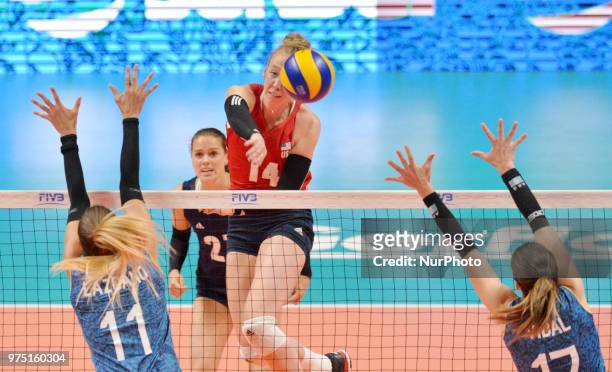 Of USA in action against JULIETA CONSTANZA LAZCANO and HELENA VIDAL of Argentina during FIVB Volleyball Nations League match between Argentina and...