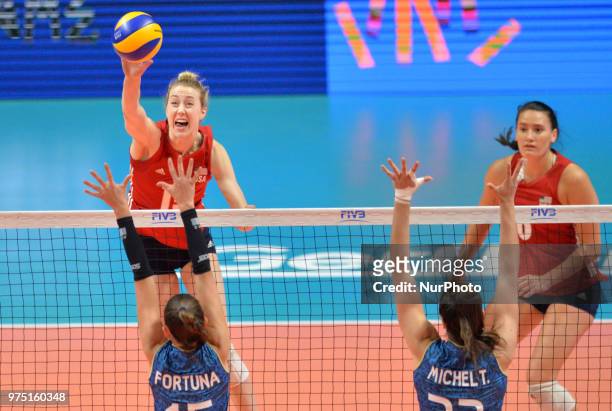 Of USA in action against AGNES VICTORIA MICHEL TOSI and ANTONELA FORTUNA of Argentina during FIVB Volleyball Nations League match between Argentina...