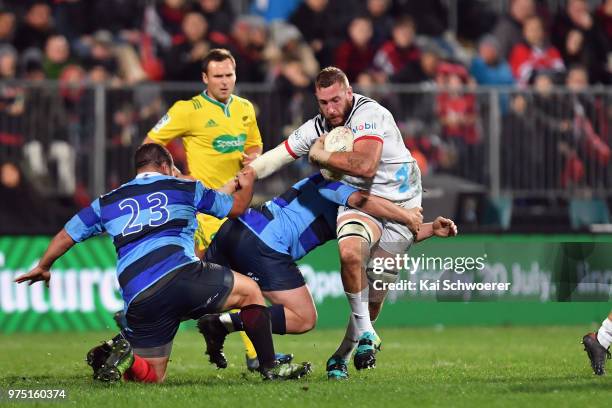 Luke Romano of the Crusaders charges forward during the match between the Crusaders and the French Barbarians at AMI Stadium on June 15, 2018 in...