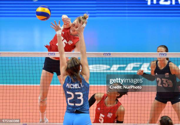 Of USA in action AGNES VICTORIA MICHEL TOSI during FIVB Volleyball Nations League match between Argentina and USA at the stadium of The Technological...