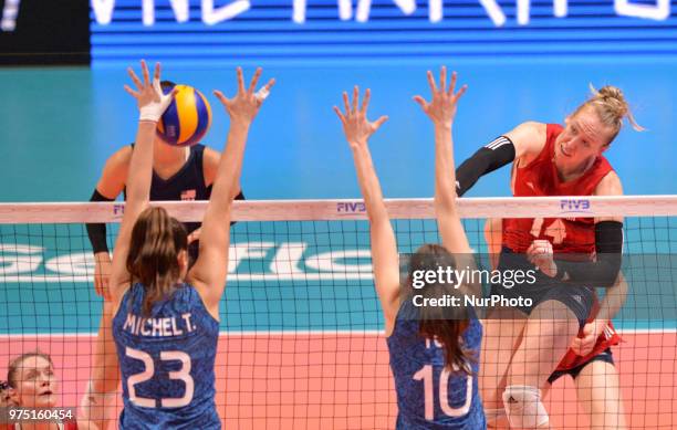 Of USA in action against ANAHI FLORENCIA TOSI and AGNES VICTORIA MICHEL TOSI during FIVB Volleyball Nations League match between Argentina and USA at...