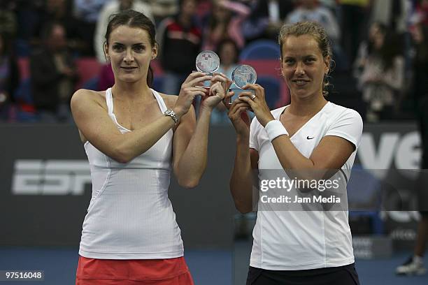 Iveta Benesova and Barbora Zahlavova of Czech Republic pose with the prize for the Women's Final Double Match as part of the Monterrey Open Tennis...