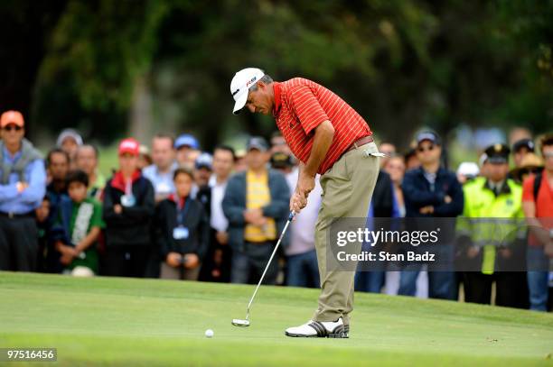 Steve Pate hits his putt on the third green green during the final round of the Pacific Rubiales Bogota Open Presented by Samsung at Country Club de...