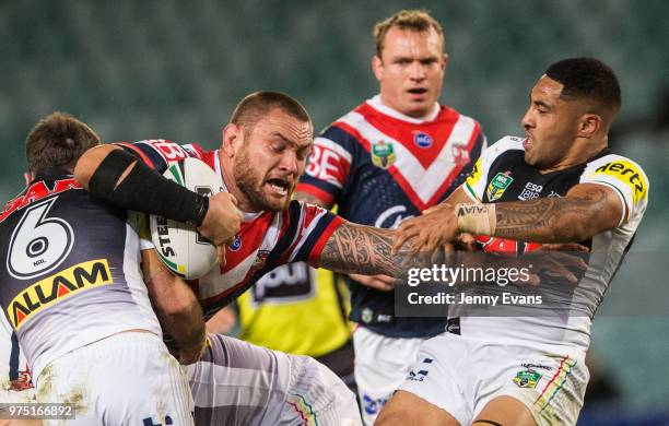 Jared Waerea-Hargreaves of the Roosters is tackled during the round 15 NRL match between the Sydney Roosters and the Penrith Panthers at Allianz...