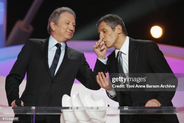 Michel Drucker and Nagui co-host the 25th Victoires de la Musique at Zenith de Paris on March 6, 2010 in Paris, France.