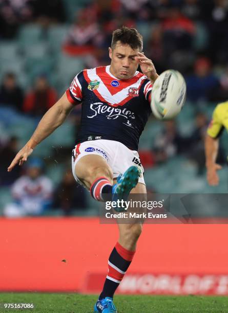 Cooper Cronk of the Roosters kicks during the round 15 NRL match between the Sydney Roosters and the Penrith Panthers at Allianz Stadium on June 15,...