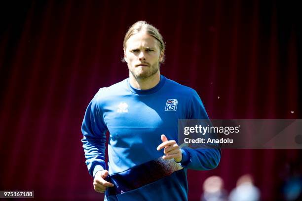 Birkir Bjarnason is seen during the Iceland national football team training session at the Spartak Stadium ahead of the 2018 FIFA World Cup in...