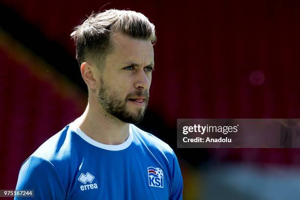 Kari Arnason is seen during the Iceland national football team training session at the Spartak Stadium ahead of the 2018 FIFA World Cup in Moscow,...