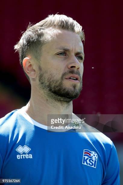 Kari Arnason is seen during the Iceland national football team training session at the Spartak Stadium ahead of the 2018 FIFA World Cup in Moscow,...