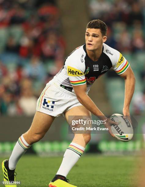 Nathan Cleary of the Panthers look to pass the ball during the round 15 NRL match between the Sydney Roosters and the Penrith Panthers at Allianz...