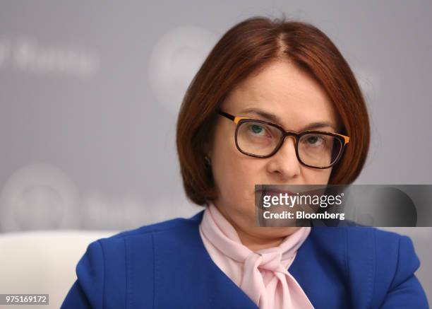 Elvira Nabiullina, governor of Russia's central bank, pauses during a news conference following an interest rate announcement in Moscow, Russia, on...